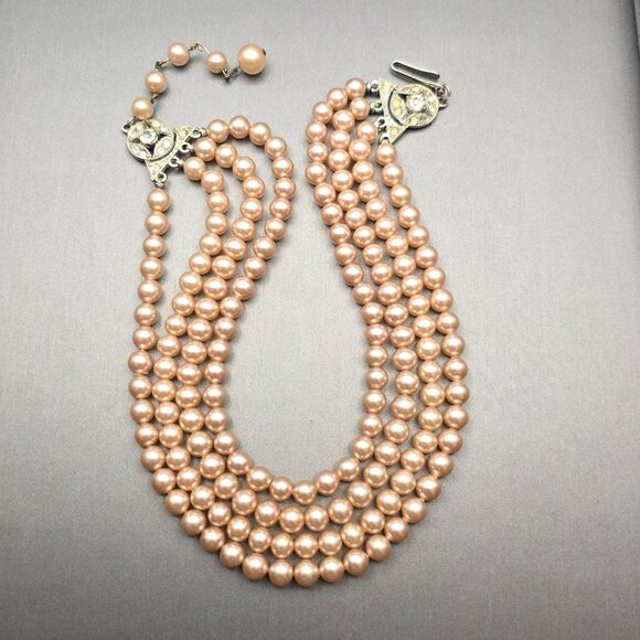 VTG Multi-Strand Faux Pearl Choker Necklace 14.5" Rhinestone Hook Clasp - Picture 1 of 10